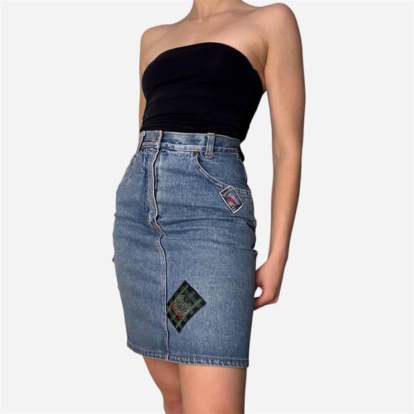 90s patchwork denim high rise denim skirt midi - United Colors of Benetton - Picture 2 of 8